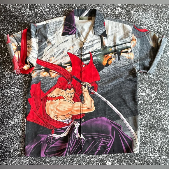 Vintage 90s Y2K AOP Anime Samurai Warrior Button Up Size Large NOS (Never Worn) - Picture 1 of 3